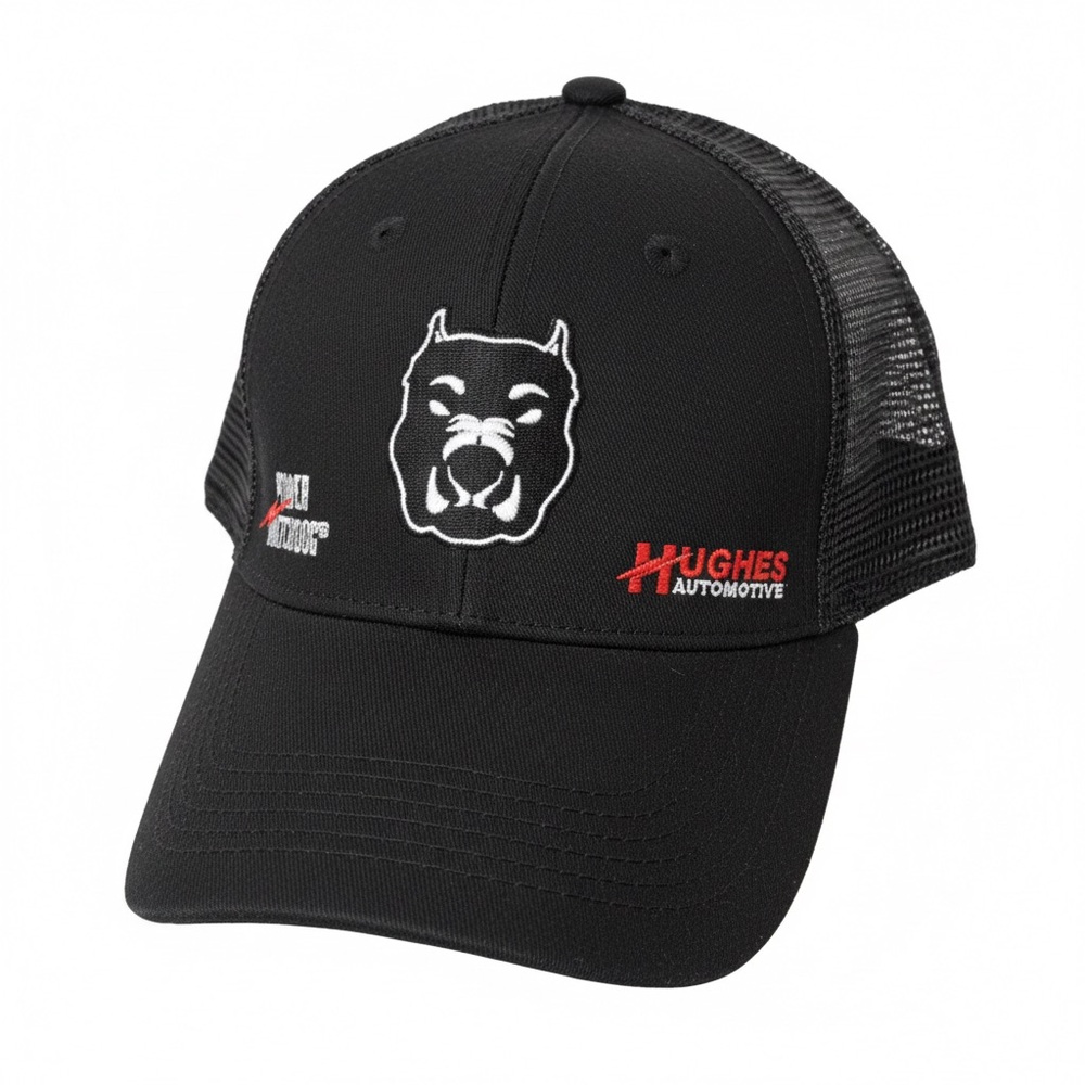 Hughes Black Trucker Hat Snapback Mesh Back Pitbull Logo Embroidered Cap